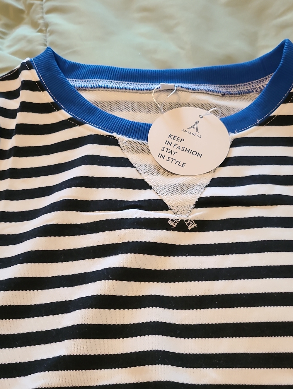 Anapress Blue-Trim Black and White Striped Sweatshirt